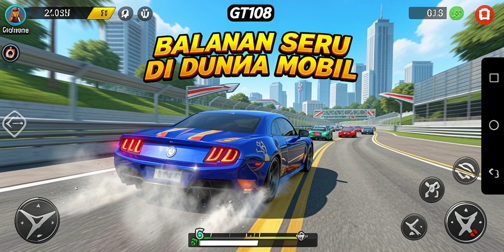 Screenshot gameplay GT108 yang menegangkan dengan mobil balap.