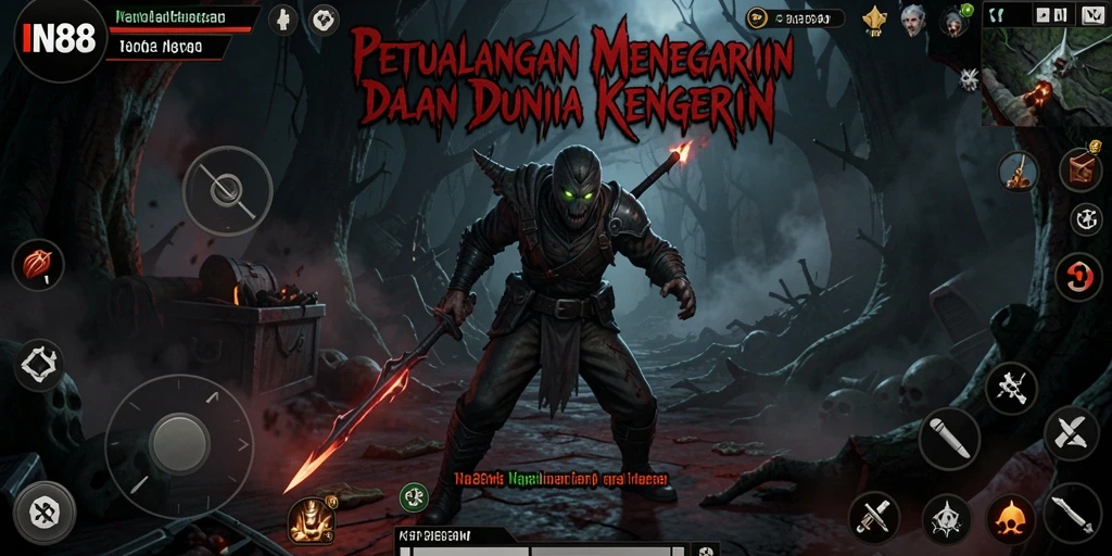 Screenshot gameplay IN88 menampilkan momen mencekam saat karakter dihadang makhluk menyeramkan.