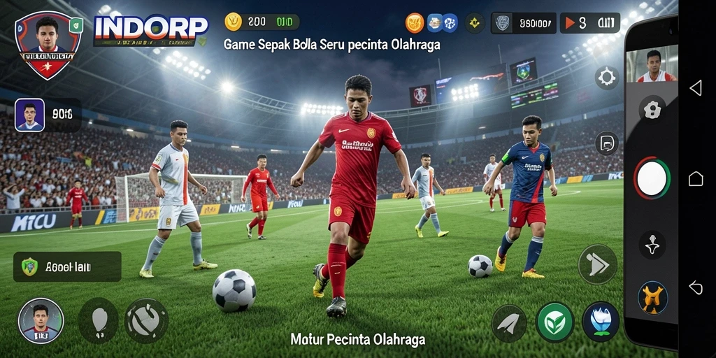 Tangkapan layar gameplay INDORP memperlihatkan aksi seru di lapangan sepak bola.